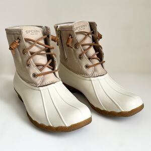 Womens Sperry Saltwater Rain Wet Weather Leather Duck Booties Cream Beige 8.5